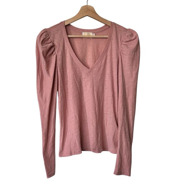 Nation LTD Shirt Small Womens Pink Puff Sleeve Smocked Pima Cotton Top - Picture 2 of 8